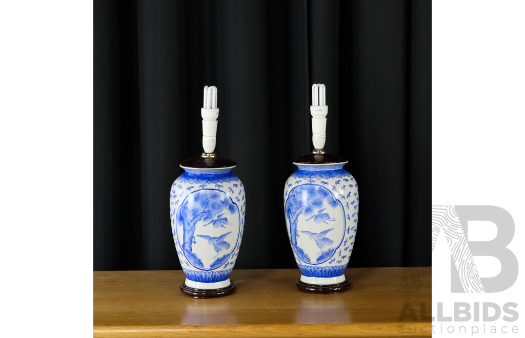 Pair of Chinese Blue and White Glaze Table Lamps