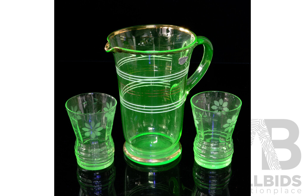 Vintage Uranium Glass Water Pitcher with Two Uranium Glass Tumblers