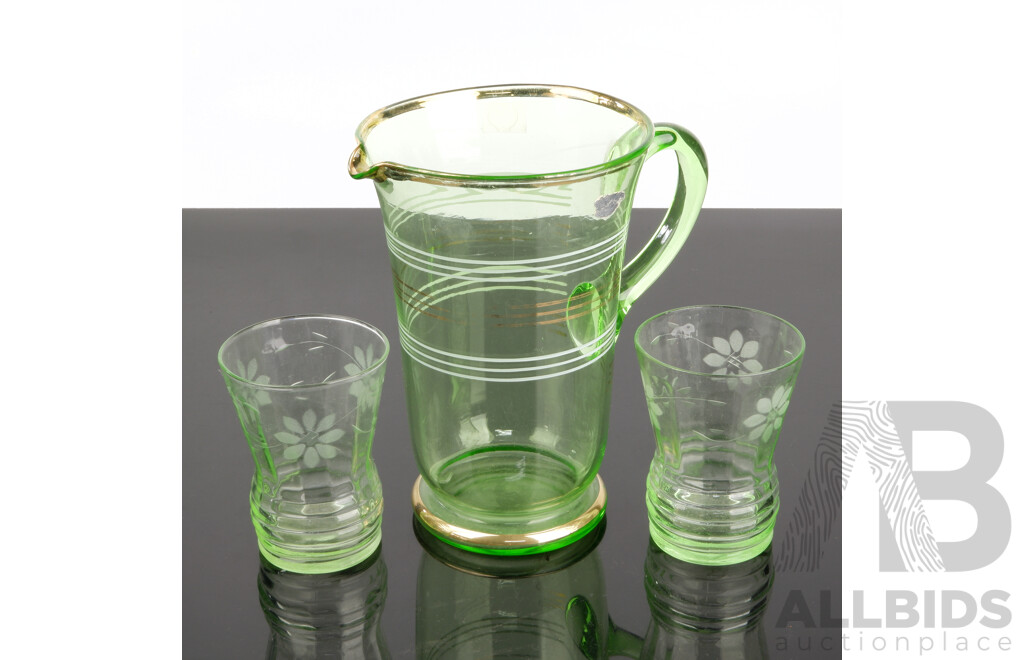 Vintage Uranium Glass Water Pitcher with Two Uranium Glass Tumblers