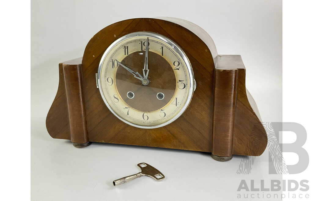 Vintage Walnut Art Deco Mantel Clock, 1938 Orchards Sydney Label to Inside, Made in Germany