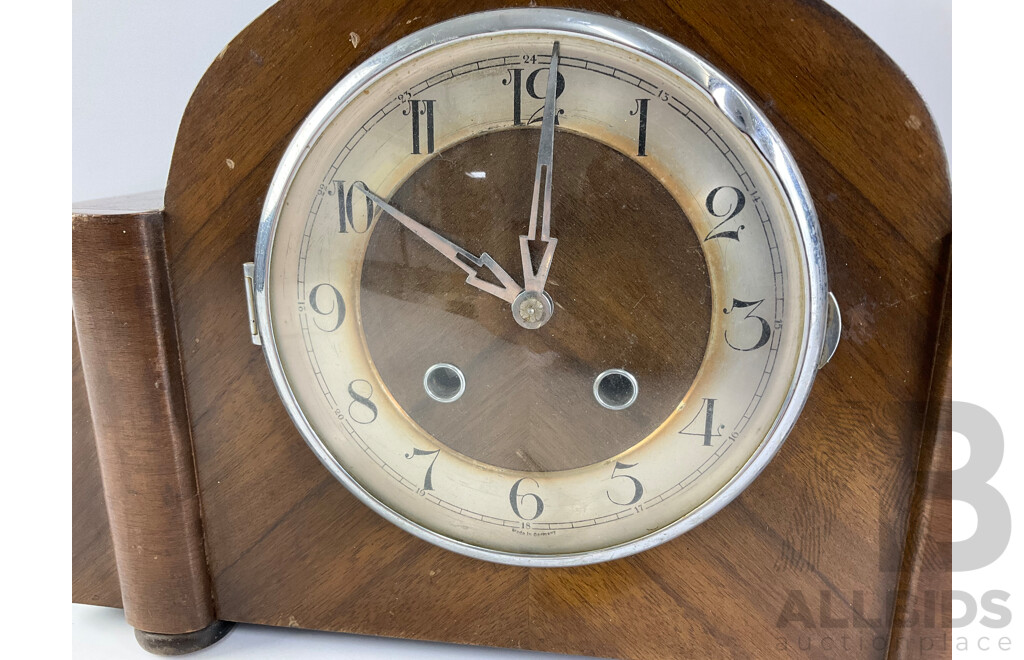 Vintage Walnut Art Deco Mantel Clock, 1938 Orchards Sydney Label to Inside, Made in Germany