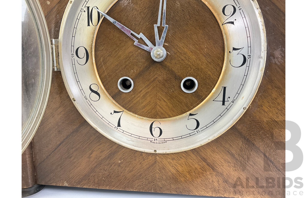 Vintage Walnut Art Deco Mantel Clock, 1938 Orchards Sydney Label to Inside, Made in Germany