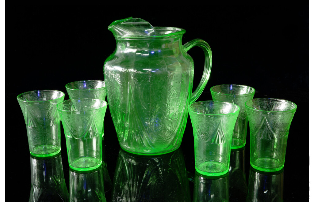 Vintage Uranium Glass Water Pitcher with Set Six Matching Uranium Glass Tumblers in Royal Lace Pattern by Hazel Atlas Glass, Circa 1930s