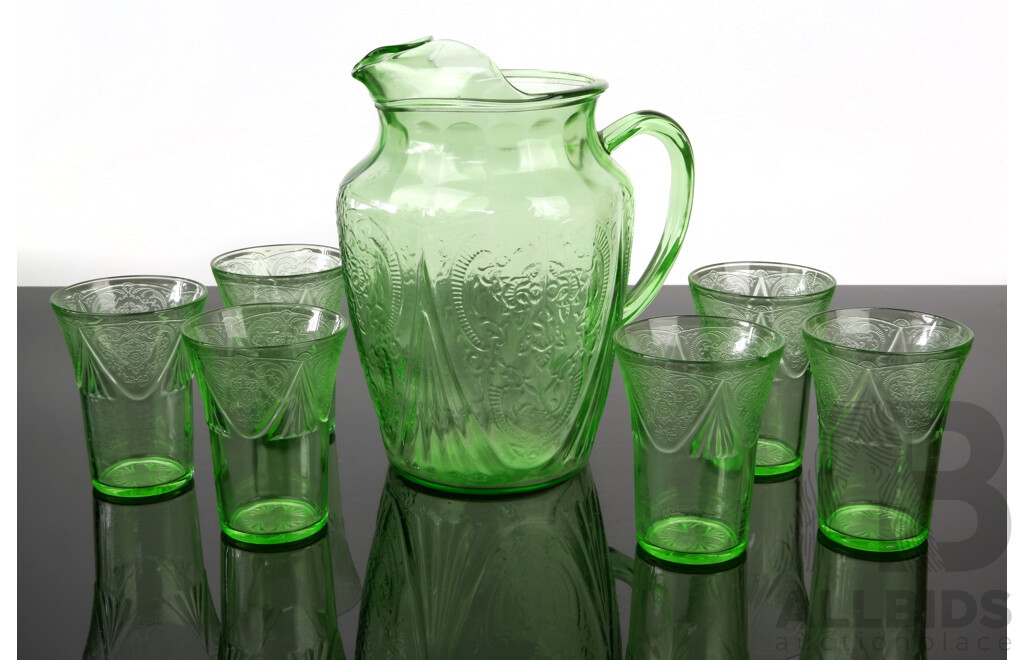 Vintage Uranium Glass Water Pitcher with Set Six Matching Uranium Glass Tumblers in Royal Lace Pattern by Hazel Atlas Glass, Circa 1930s