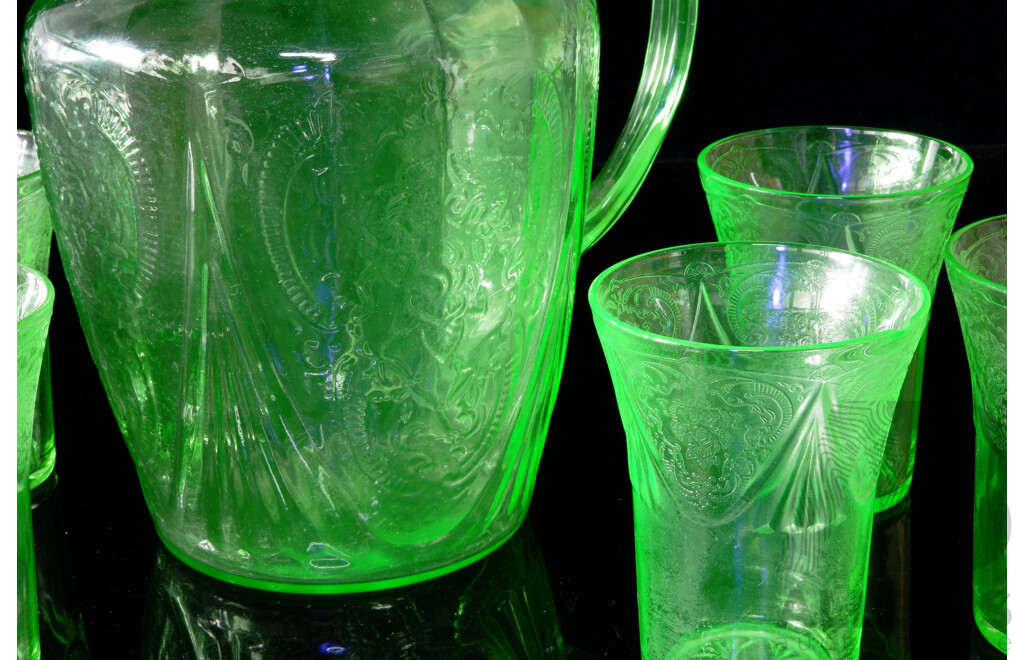 Vintage Uranium Glass Water Pitcher with Set Six Matching Uranium Glass Tumblers in Royal Lace Pattern by Hazel Atlas Glass, Circa 1930s