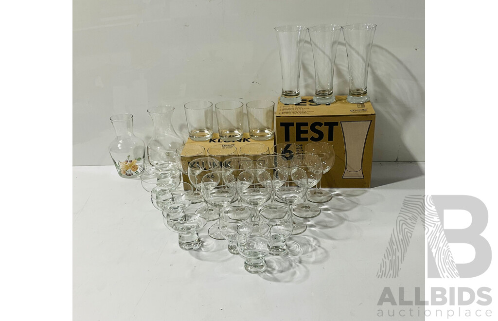 Collection Stemware Comprising Set 6 Ikea Teast Beer Glasses, Set 6 Ikea Klunk Tumblers Both in Original Boxes, 12 Wine Glasses, 7 Regis Retro Glasses and 2 Carafes