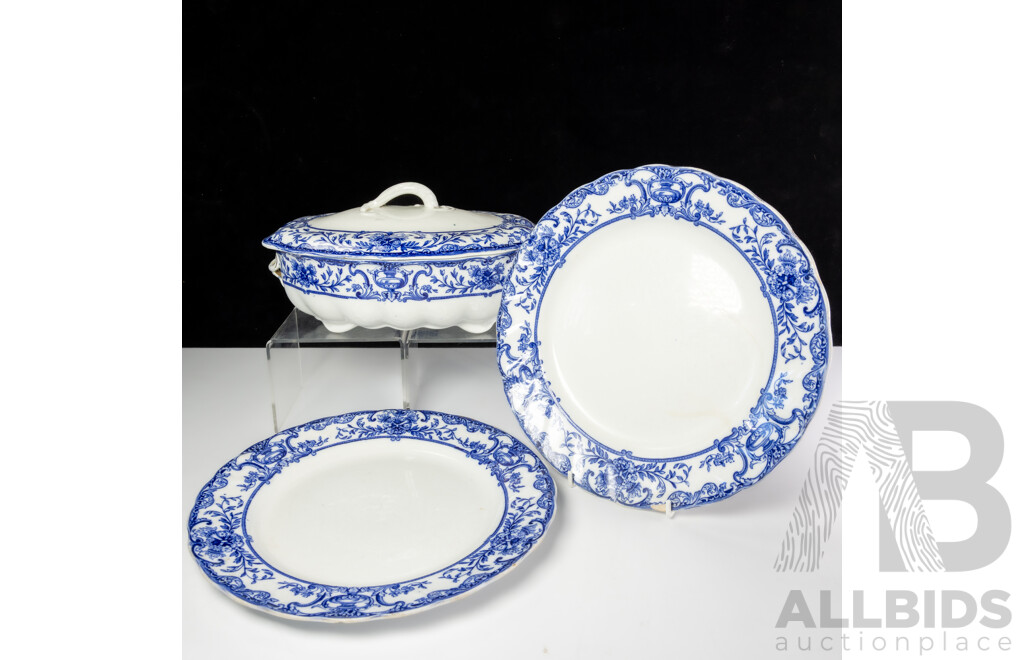 Collection Three Antique English Royal Doulton Burslem Blue & White Pieces Comprising Lidded Vegetable Dish & Pair Athol Pattern Plates Circa 1890s