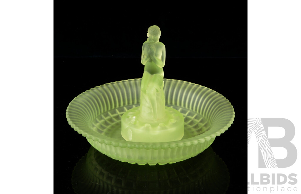 Vintage Sowerby Green Uranium Glass Stump Lady Figure in Matching Uranium Glass Bowl