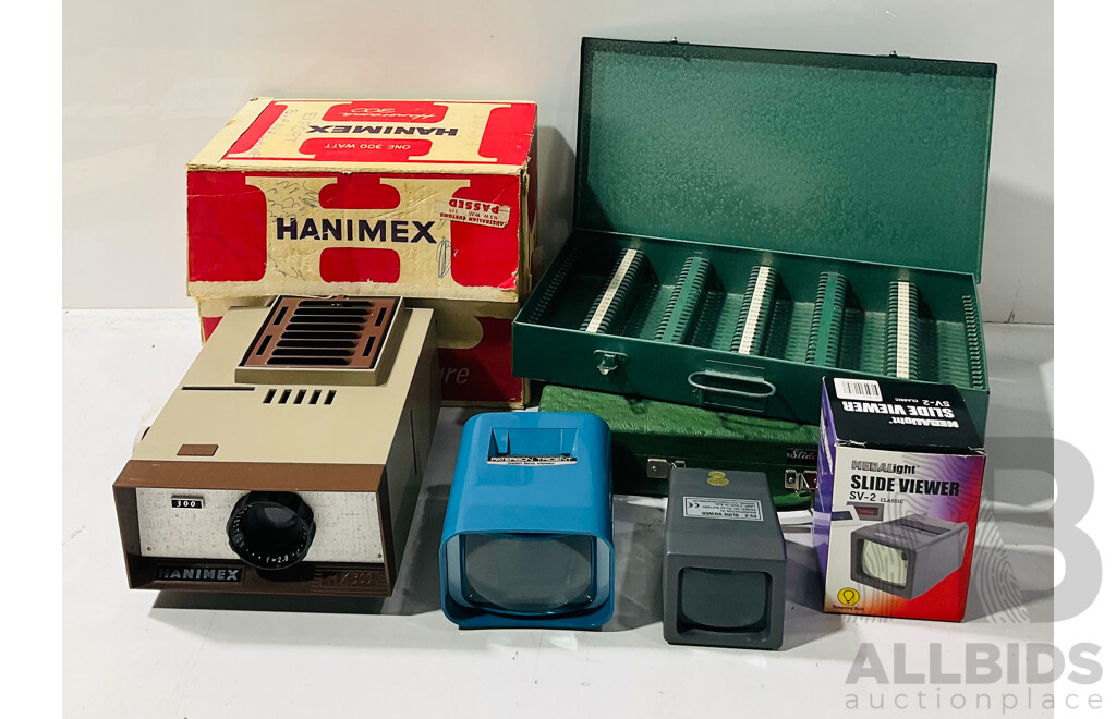 Hanimax Panorama 300 Slide Projector, Trident Lens Viewer, Madalight Slide Viewer and Projector Screen