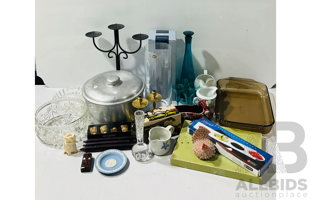 Collection Itesm Including Pyrex Baking Dish Villeroy & Boch Crystal Dish, Polish Made Blue Glass Decnater with Four Glasses, Carved Bone Elephant and More