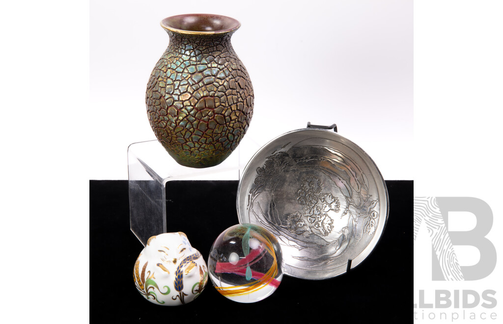 Collection Items Comprising Retro Local Don Shiel Aluminum Dish, Caithness Glass Paperweight, Royal Crown Derby Mouse Figure and More