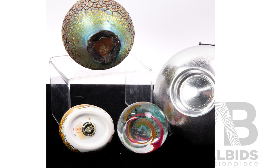 Collection Items Comprising Retro Local Don Shiel Aluminum Dish, Caithness Glass Paperweight, Royal Crown Derby Mouse Figure and More