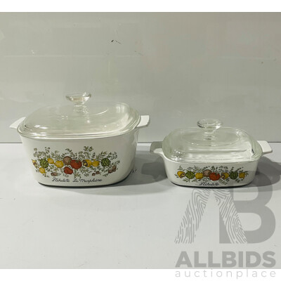 Two Retro Corning Ware Lidded Casserole Dishes in L Eshalote La Marjelaine Comprising 1 Litre & 3 Litre Examples