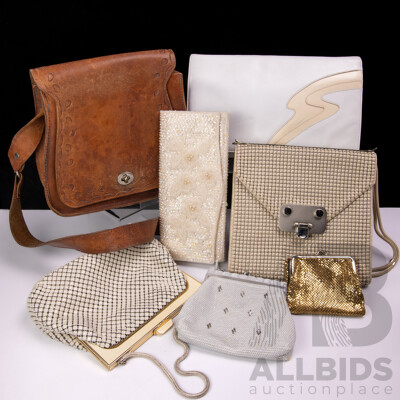 Collection Vintage Handbags Comprising Bambi White Leather, Cream Glomesh, Beige Glomesh Examples, Glomesh Gold Purse and More