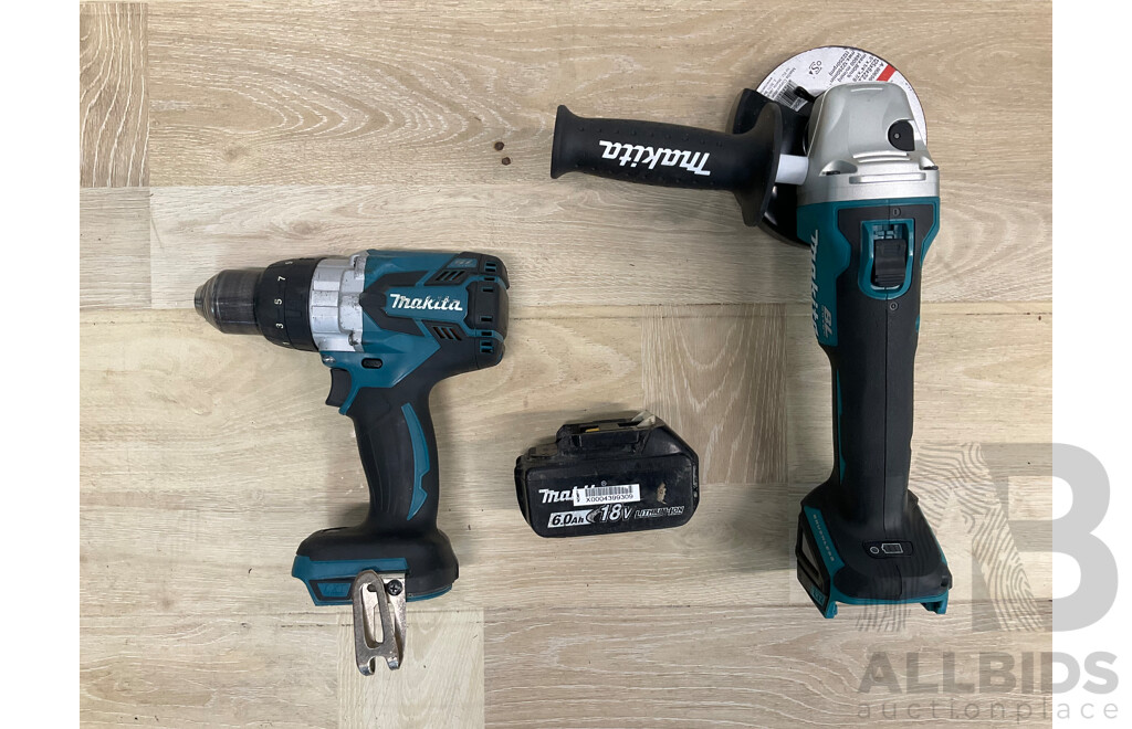 Makita 18V Power Tools - Hammer Driver Drill (DHP481),  Cordless Angle Grinder (DGA504) and 6.0Ah Battery - Lot of 3