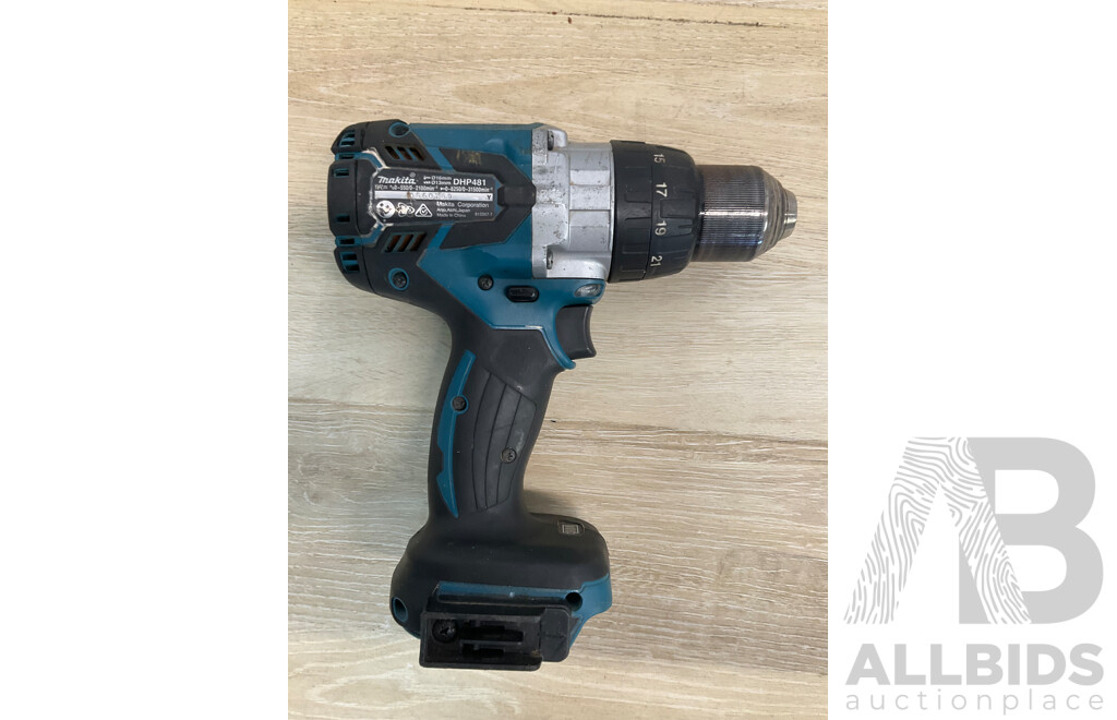 Makita 18V Power Tools - Hammer Driver Drill (DHP481),  Cordless Angle Grinder (DGA504) and 6.0Ah Battery - Lot of 3