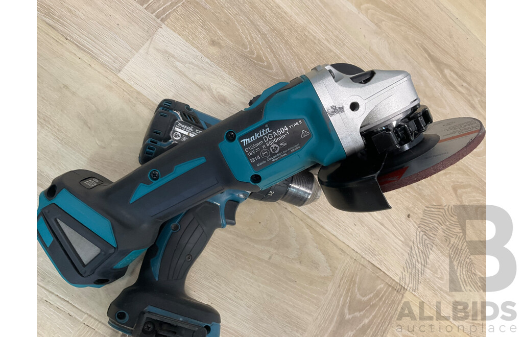 Makita 18V Power Tools - Hammer Driver Drill (DHP481),  Cordless Angle Grinder (DGA504) and 6.0Ah Battery - Lot of 3