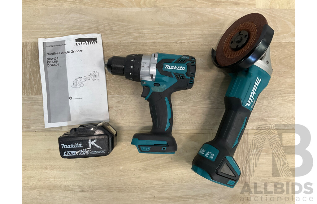 Makita 18V Power Tools - Hammer Driver Drill (DHP481),  Cordless Angle Grinder (DGA504) and 5.0Ah Battery - Lot of 3