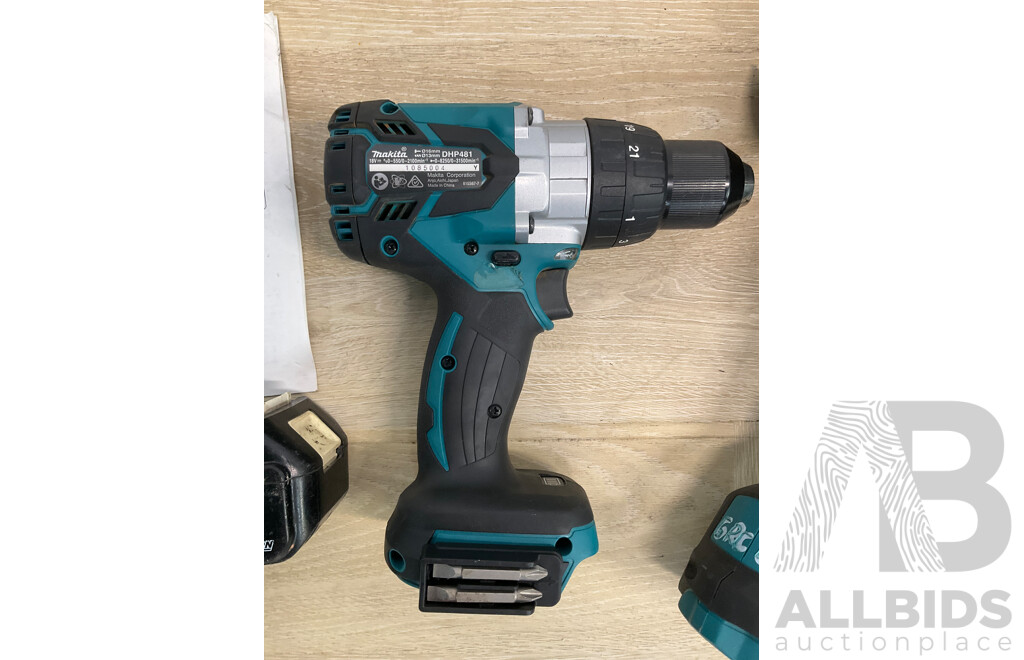 Makita 18V Power Tools - Hammer Driver Drill (DHP481),  Cordless Angle Grinder (DGA504) and 5.0Ah Battery - Lot of 3