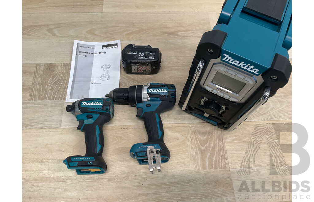 Makita 18V Power Tools - Brushless  Compact Hammer Driver Drill  (DHP484), Brushless 4-Mode Impact Driver (DTD154) - Skin Only and Digital Radio (DMR108)  Battery - Lot of 3