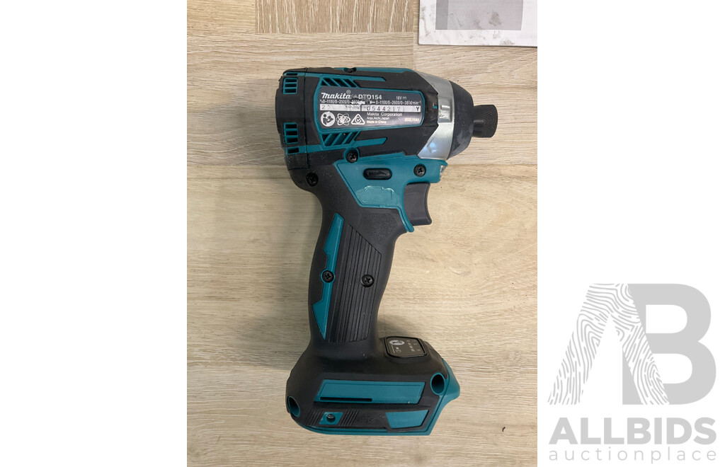 Makita 18V Power Tools - Brushless  Compact Hammer Driver Drill  (DHP484), Brushless 4-Mode Impact Driver (DTD154) - Skin Only and Digital Radio (DMR108)  Battery - Lot of 3