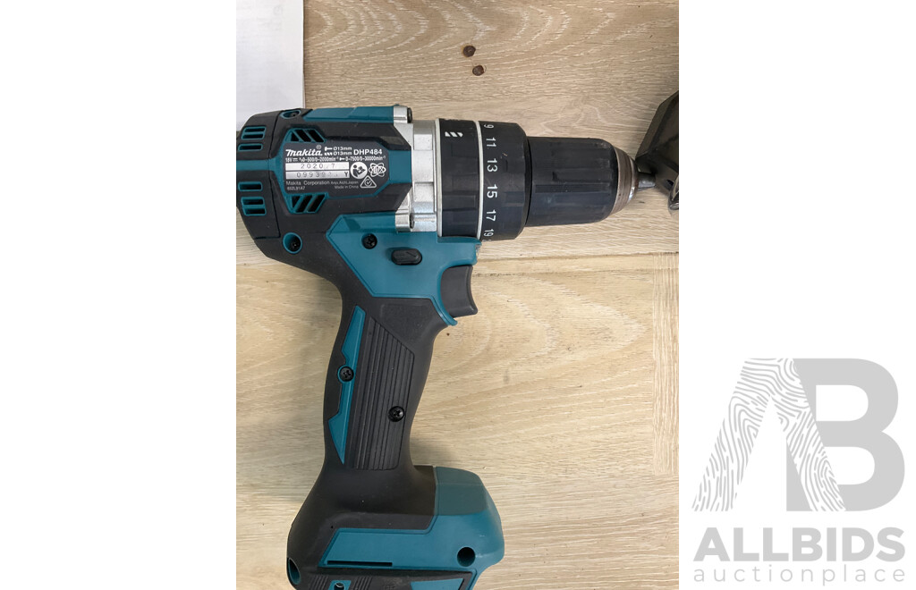 Makita 18V Power Tools - Brushless  Compact Hammer Driver Drill  (DHP484), Brushless 4-Mode Impact Driver (DTD154) - Skin Only and Digital Radio (DMR108)  Battery - Lot of 3