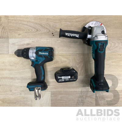 Makita 18V Power Tools - Hammer Driver Drill (DHP481),  Cordless Angle Grinder (DGA504) and 6.0Ah Battery - Lot of 3