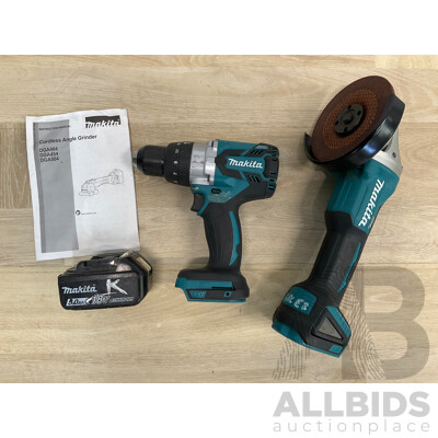 Makita 18V Power Tools - Hammer Driver Drill (DHP481),  Cordless Angle Grinder (DGA504) and 5.0Ah Battery - Lot of 3