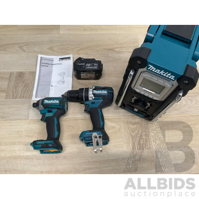 Makita 18V Power Tools - Brushless  Compact Hammer Driver Drill  (DHP484), Brushless 4-Mode Impact Driver (DTD154) - Skin Only and Digital Radio (DMR108)  Battery - Lot of 3