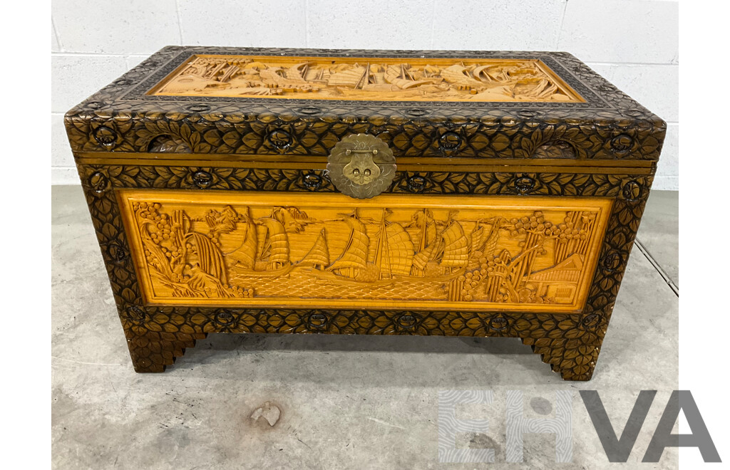 Heavily Carved Two Tone Camphor Chest with Sailing Junks