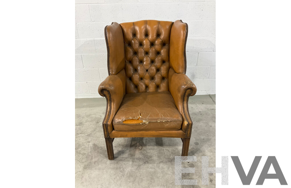 Vintage Caramel Leather Studded Wingback Armchair