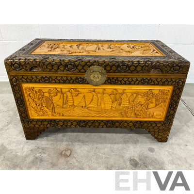 Heavily Carved Two Tone Camphor Chest with Sailing Junks