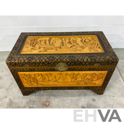 Heavily Carved Two Tone Camphor Chest with Sailing Junks