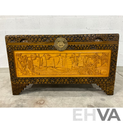 Heavily Carved Two Tone Camphor Chest with Sailing Junks