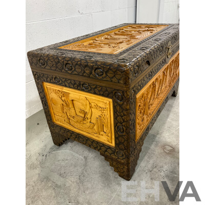 Heavily Carved Two Tone Camphor Chest with Sailing Junks