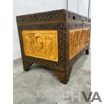 Heavily Carved Two Tone Camphor Chest with Sailing Junks