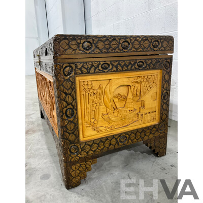 Heavily Carved Two Tone Camphor Chest with Sailing Junks