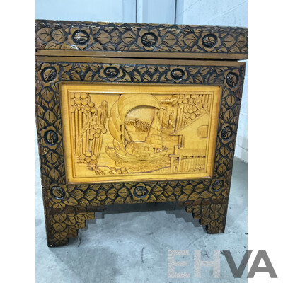 Heavily Carved Two Tone Camphor Chest with Sailing Junks