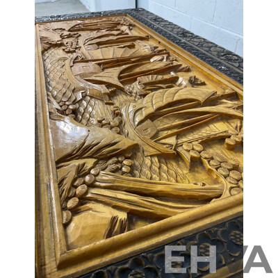 Heavily Carved Two Tone Camphor Chest with Sailing Junks