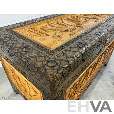 Heavily Carved Two Tone Camphor Chest with Sailing Junks