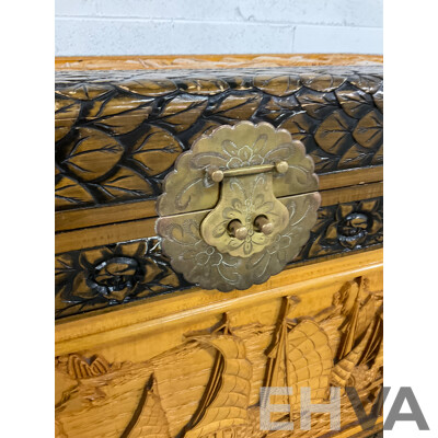 Heavily Carved Two Tone Camphor Chest with Sailing Junks