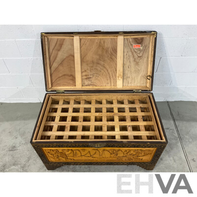 Heavily Carved Two Tone Camphor Chest with Sailing Junks