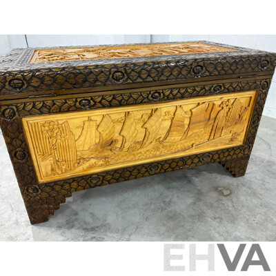 Heavily Carved Two Tone Camphor Chest with Sailing Junks