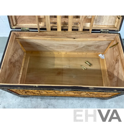 Heavily Carved Two Tone Camphor Chest with Sailing Junks