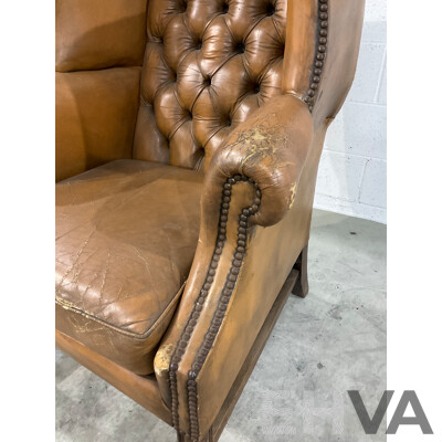 Vintage Caramel Leather Studded Wingback Armchair
