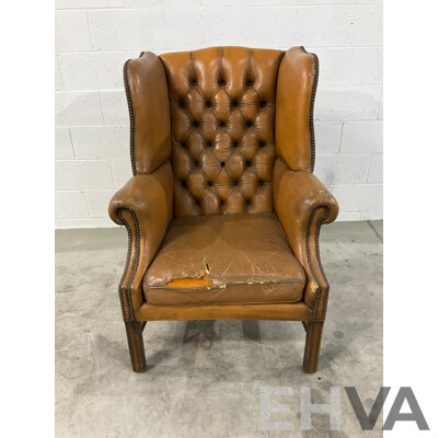 Vintage Caramel Leather Studded Wingback Armchair