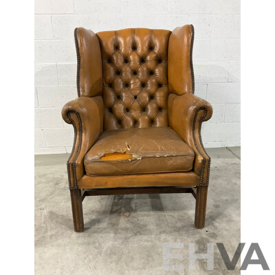 Vintage Caramel Leather Studded Wingback Armchair
