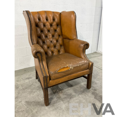 Vintage Caramel Leather Studded Wingback Armchair