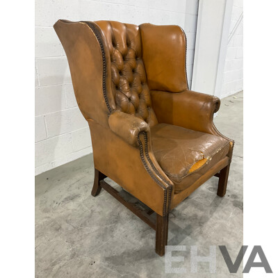 Vintage Caramel Leather Studded Wingback Armchair