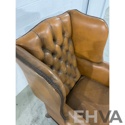 Vintage Caramel Leather Studded Wingback Armchair